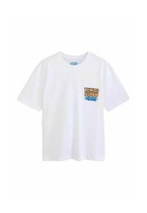 Hvid t-shirt med korte ærmer med farverig "Venice Beach Hip Hop" tekstgrafik på venstre brystområde.