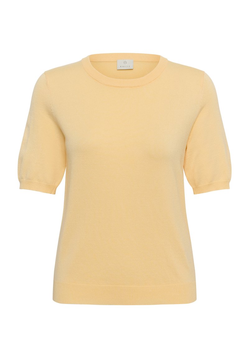 Top en maille jaune clair à manches courtes avec encolure ronde et bords côtelés aux manches et à l’ourlet, présenté sur fond blanc.
