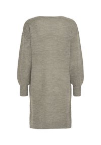 Longue robe-pull grise en tricot avec épaules tombantes et manches bouffantes longues, poignets et ourlet côtelés, vue de dos.