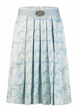 Lichtblauwe geplooide rok met bloemenpatroon en decoratieve zilveren gesp op de tailleband.