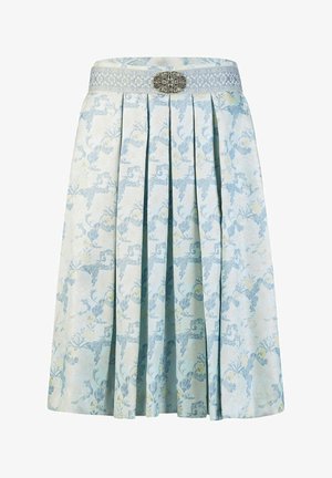 Lichtblauwe geplooide rok met bloemenpatroon en decoratieve zilveren gesp op de tailleband.