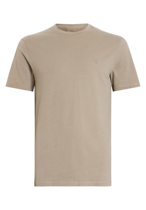 Beige cotton t-shirt with short sleeves, crew neckline, and embroidered logo on the chest. Smooth texture and relaxed fit.