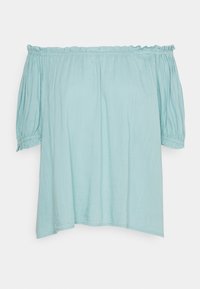 Top azul claro, com decote off-the-shoulder e gola elástica. Manga bufante e corte solto, feito de um tecido leve e suave.