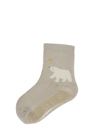 Hellgraue Socken mit einem Design von einem weißen Bären, strukturiertem Boden für besseren Halt und subtilen gelben Akzenten. Aus einem Baumwoll-Mischgewebe, mittlere Schafthöhe.