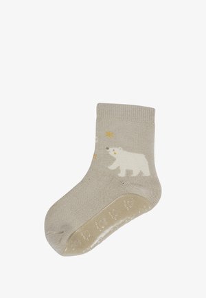 Hellgraue Socken mit einem Design von einem weißen Bären, strukturiertem Boden für besseren Halt und subtilen gelben Akzenten. Aus einem Baumwoll-Mischgewebe, mittlere Schafthöhe.