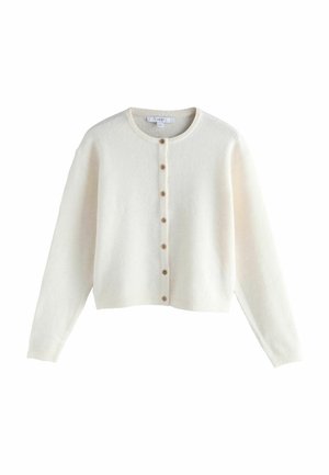 Cream-colored cardigan, cropped design, round neck, long sleeves, five wooden buttons down the front, soft texture.