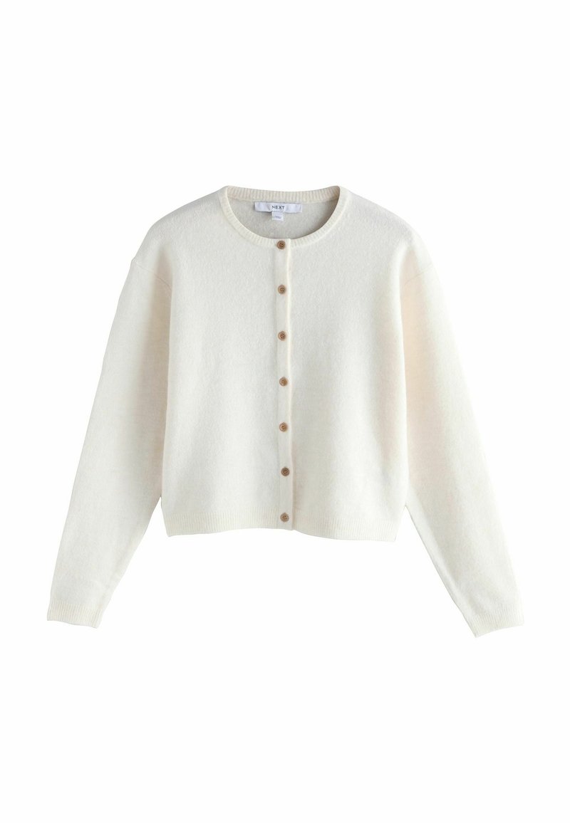 Cream-colored cardigan, cropped design, round neck, long sleeves, five wooden buttons down the front, soft texture.