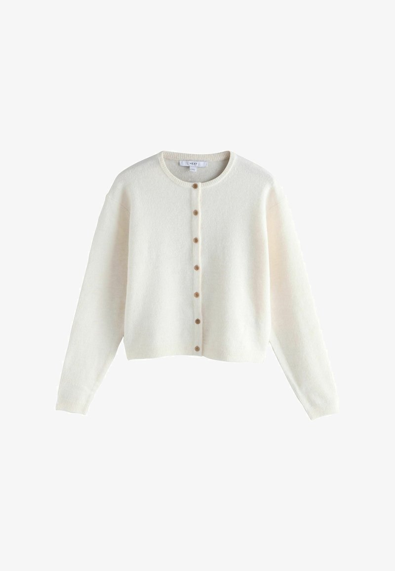 Cream-colored cardigan, cropped design, round neck, long sleeves, five wooden buttons down the front, soft texture.