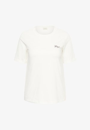 White short-sleeve cotton t-shirt with round neck and small black "Mom" text on the left chest area.