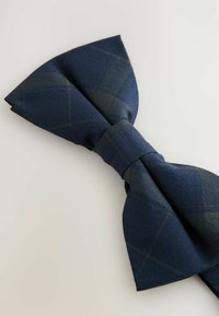 Navyblauer Fliegenbinder aus strukturiertem Stoff mit einem dezenten grünen Karomuster. In klassischer Fliegenform mit einem zentralen Knoten geformt.