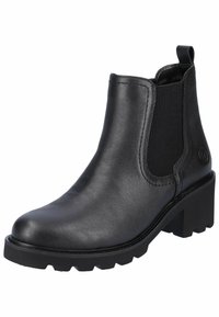 Black leather ankle boot with elastic side panels, round toe, and chunky rubber sole. Features a pull tab at the heel for easy wear.