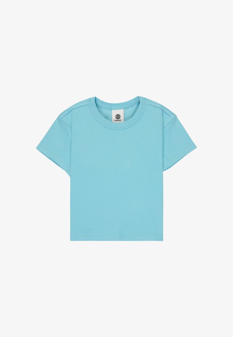 T-shirt azzurro chiaro a maniche corte in cotone. Presenta un collo tondo e spalle senza cuciture, con una piccola etichetta del marchio all'interno.