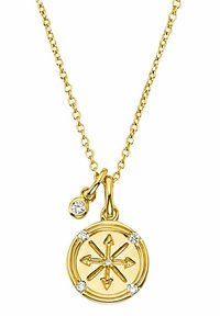 Collana d'oro con un pendente circolare caratterizzato da un motivo a freccia, accentuato da quattro pietre trasparenti e un piccolo ciondolo circolare con un diamante.