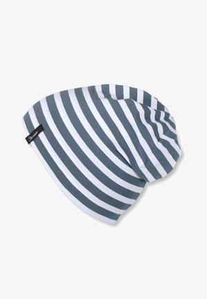 Gray and white striped beanie with a soft texture and slouchy design. Features a small black label on the side.