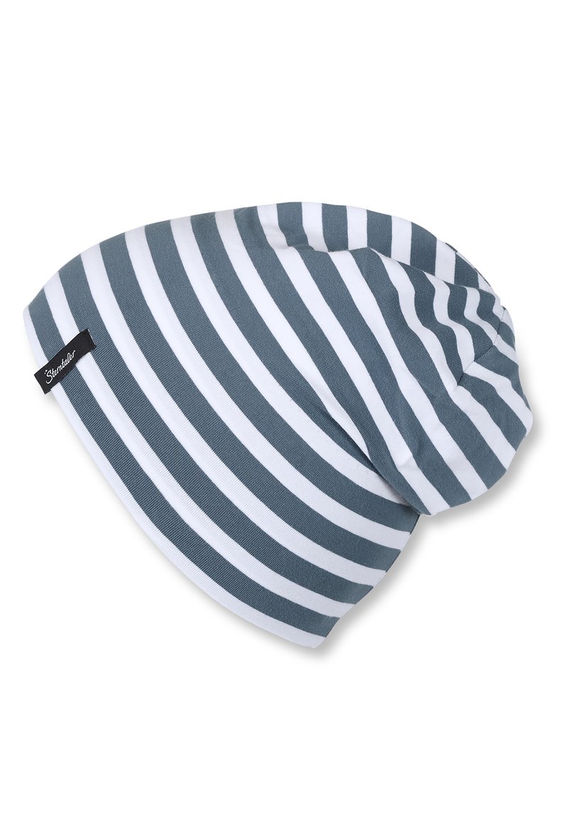 Cappello a beanie grigio e bianco a strisce, con una texture morbida e un design morbido. Presenta un piccolo etichetta nera sul lato.