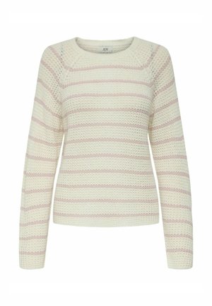 Strickpullover in Creme mit hellrosa Streifen, mit rundem Halsausschnitt und langen Ärmeln, der ein strukturiertes, offenes Gewebedesign zeigt.