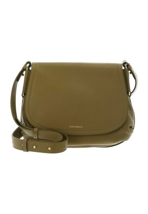 Olive green leather crossbody bag with flap closure and adjustable strap, featuring subtle gold-tone hardware and textured finish.