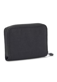 Svart zippered plånbok gjord av hållbart tyg. Rektangulär form med texturerad yta och diskret sömnad. Dragflik för dragkedjan på sidan.