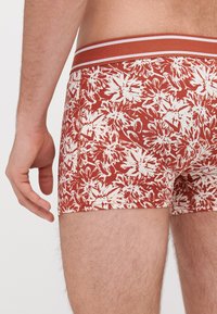 Boxer in cotone con motivo floreale rosso, caratterizzati da un design stampato bianco e un elastico a contrasto con strisce marroni e bianche.