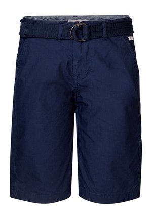 Granatowe szorty wykonane z lekkiego materiału, z tkaną paskiem z metalową klamrą oraz kieszeniami po bokach. Gładka struktura z minimalnymi detalami.