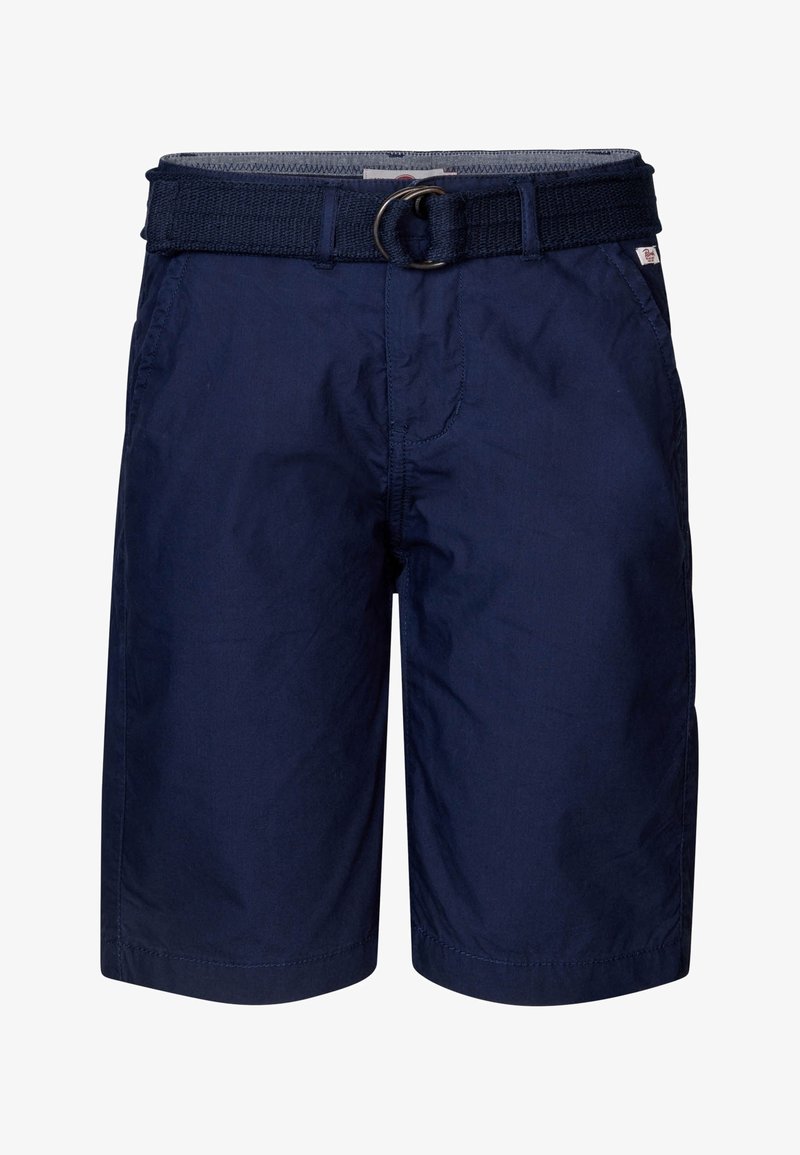 Shorts bleu marine en tissu léger, dotés d'une ceinture tissée avec une boucle en métal et de poches latérales. Texture lisse avec peu de détails.