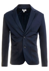 Námořnický modrý blazer z jemné tkaniny, s předním zapínáním na dva knoflíky, klopami ve tvaru rohu a dvěma předními kapsami s jednou náprsní kapsou.