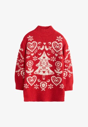 Red knit sweater featuring white holiday-themed patterns including hearts, flowers, and a Christmas tree. High collar and loose fit.