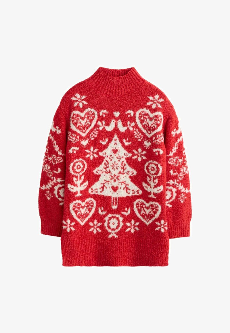 Rode gebreide trui met witte feestelijke patronen, waaronder harten, bloemen en een kerstboom. Hoge kraag en ruime pasvorm.