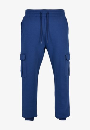 Blaue Cargo-Sweatpants mit elastischem Bund, Kordelzug, seitlichen Klappentaschen und gebündelten Knöcheln.