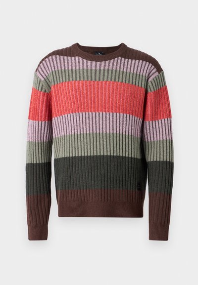 Multicolored knit sweater featuring vertical ribbing. Colors include red, pink, green, and brown in alternating stripes. Crew neck design.