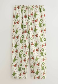 Pantaloni da pigiama bianchi con un motivo festivo ripetitivo di alberi verdi, renne, bastoncini di zucchero e accenti rossi, dotati di una cintura elastica.