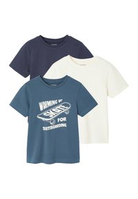 Set of three short-sleeve t-shirts: navy blue, light blue with skateboard graphic, and white. Soft cotton material with crew neck design.