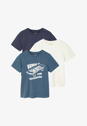 Set of three short-sleeve t-shirts: navy blue, light blue with skateboard graphic, and white. Soft cotton material with crew neck design.