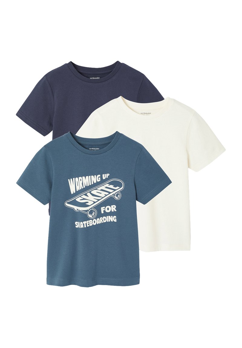 Set of three short-sleeve t-shirts: navy blue, light blue with skateboard graphic, and white. Soft cotton material with crew neck design.