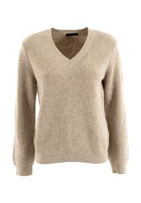 Maglione beige a maglia con scollo a V e texture a coste. Maniche lunghe e vestibilità rilassata. Materiale morbido con un design classico.