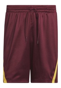 Shorts de sport marron avec bandes jaunes sur les côtés, taille élastique et cordon de serrage à l'avant en tissu mesh respirant.
