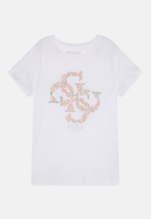 Witte katoenen t-shirt met bloemenborduursel in perzik- en groentinten, met het "GUESS" logo eronder, relaxte pasvorm, ronde halslijn.