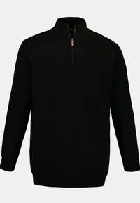 Schwarzer Strickpullover mit hohem Kragen und halber Reißverschluss. Verfügt über lange Ärmel sowie ein geripptes Saum- und Bündchendesign für einen figurschmeichelnden Look.