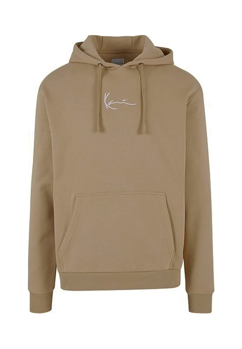 Beige mikina s klokaní kapsou vpředu, nastavovací kapucí a bílým logem na hrudi. Vyrobena z měkkého materiálu s uvolněným střihem.