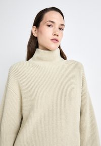 Maglione a collo alto beige in maglia, caratterizzato da una texture a coste e una vestibilità ampia, con spalle scese e un ampio colletto ripiegato.