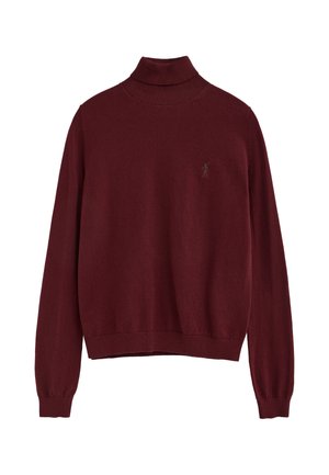 Jersey de cuello alto de manga larga color burdeos con cuello y puños acanalados, con un pequeño logo bordado en el pecho izquierdo.