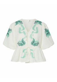 Hvid bluse med grønne broderede paisley- og bladmønstre, pufærmer, en V-halsudskæring og snøre lukning i taljen.