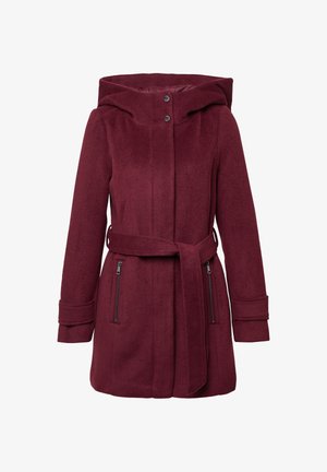 Burgundy, puolipitkä takki hupulla, valmistettu pehmeästä kankaasta. Vöissä on vyö ja kaksi vetoketjullista sivutaskua. Raskas pinta.