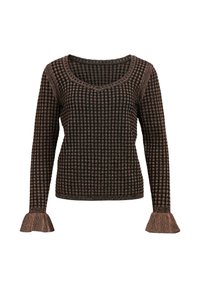Langærmet sweater i sort og bronze med V-hals, prydet med et ternet mønster og flagrende manchetter. Fremstillet af tekstureret stof.