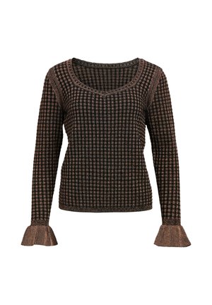 Langærmet sweater i sort og bronze med V-hals, prydet med et ternet mønster og flagrende manchetter. Fremstillet af tekstureret stof.