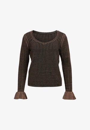 Maglione a maniche lunghe in nero e bronzo con scollatura a V, caratterizzato da un motivo a quadri e polsini a sbuffo. Realizzato in tessuto testurizzato.