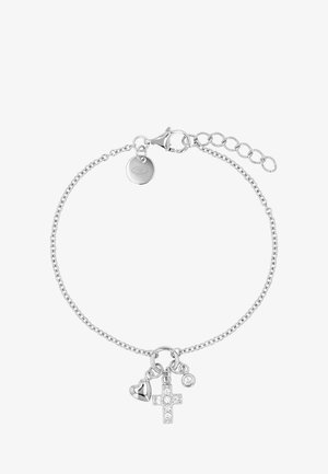 Silberkettchen-Armband mit drei Anhängern: ein Herz, ein Kreuz mit Kristallen und ein kleiner runder Kristall, mit Karabinerverschluss und verstellbaren Gliedern.