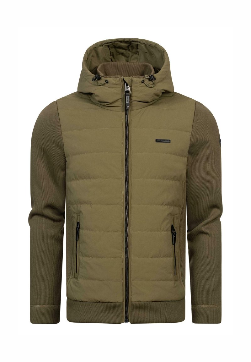 Gewatteerde hoodie in olijfgroen met een gewatteerde voorkant, ribgebreide mouwen, twee met rits afgesloten zijzakken en verstelbare trekkoorden bij de capuchon.
