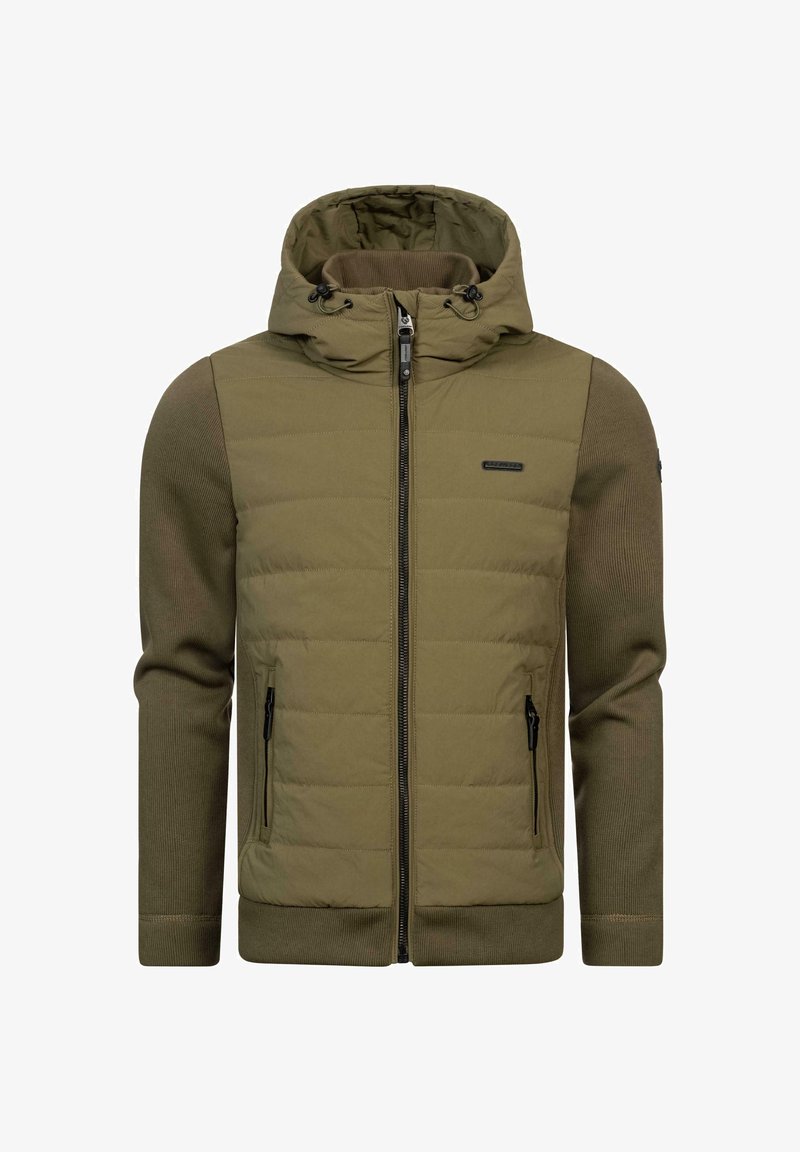 Hoodie mit wattierter Vorderseite in Olivgrün, geripptenÄrmeln, zwei seitlichen Reißverschlusstaschen und verstellbaren Kordeln an der Kapuze.