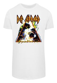 White cotton t-shirt featuring a colorful graphic print, including a triangular design, text "DEF LEPPARD," and vibrant details depicting a face.